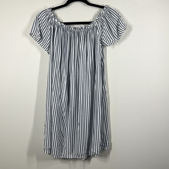 Mia Moda Womens Blue and White Striped Baby Doll Mini Summer Dress Elastic Neck - Picture 3 of 9